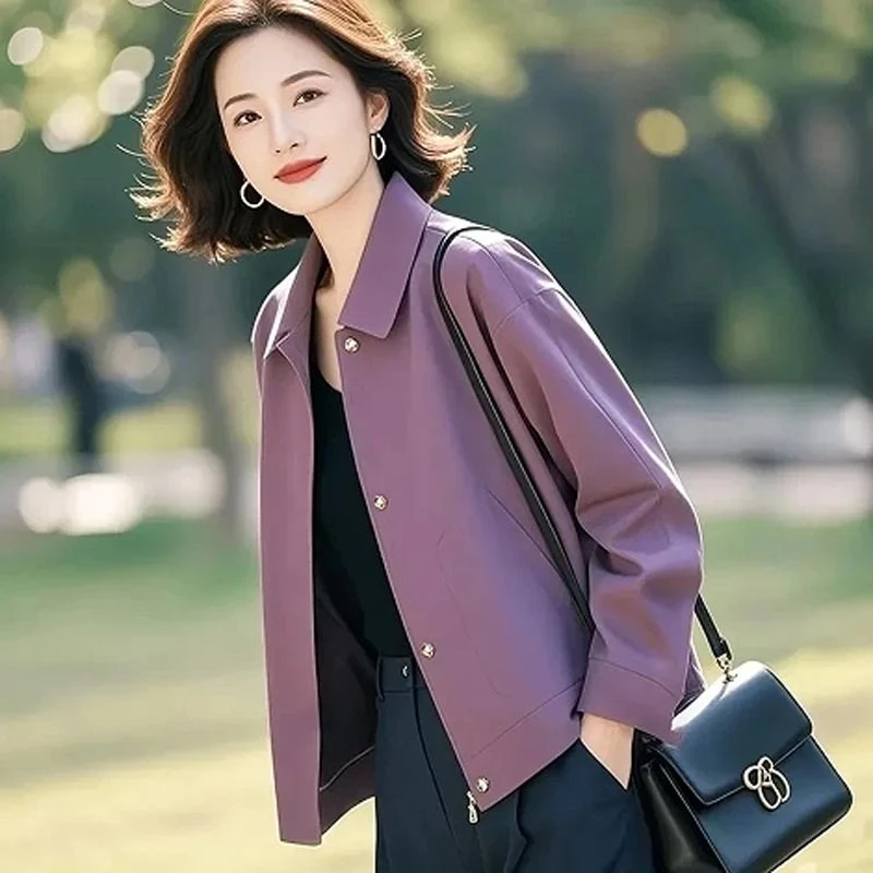 2025春秋新款小众紫色高级感夹克薄外套女慵懒风个性百搭显白上衣