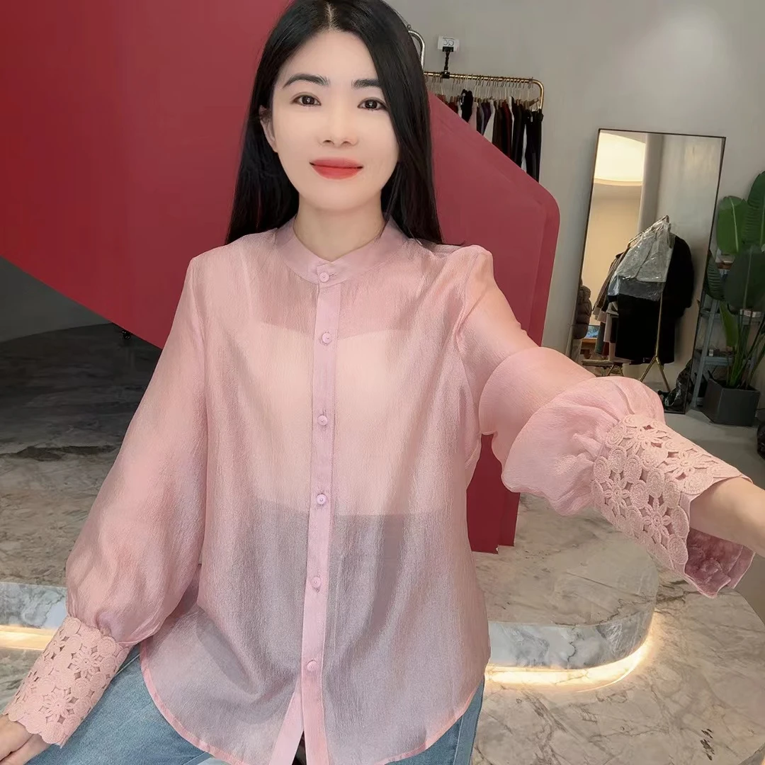252545 春新款立领单排扣拼接蕾丝袖百搭长袖衬衫