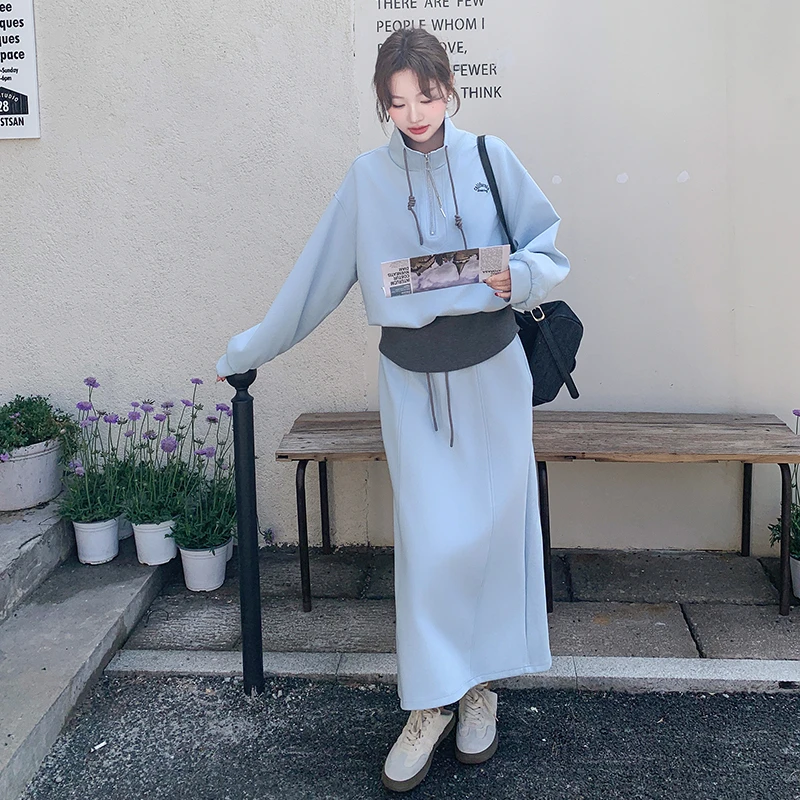 秋冬运动气质蓝色显瘦半身裙套装女2025长款新款小个子超火两件套