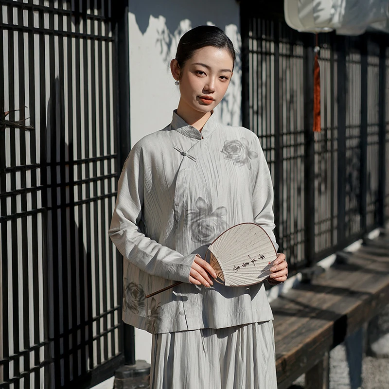 新中式女装2025春季新款复古上衣女设计感印花斜襟国风外搭衬衫