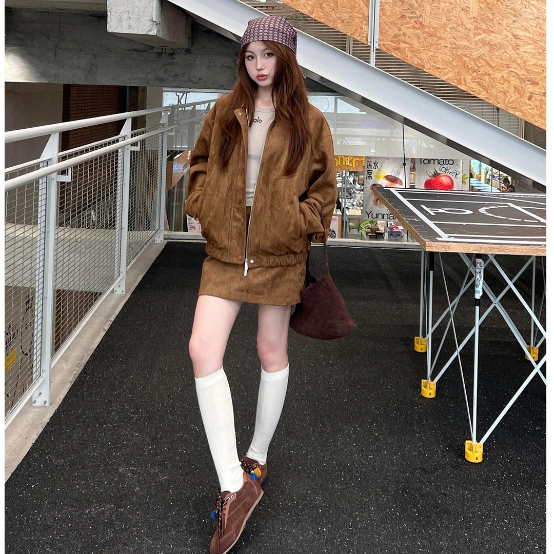 韩系一整套ootd穿搭巨好看的美拉德老钱风夹克短裙两件套秋季新款