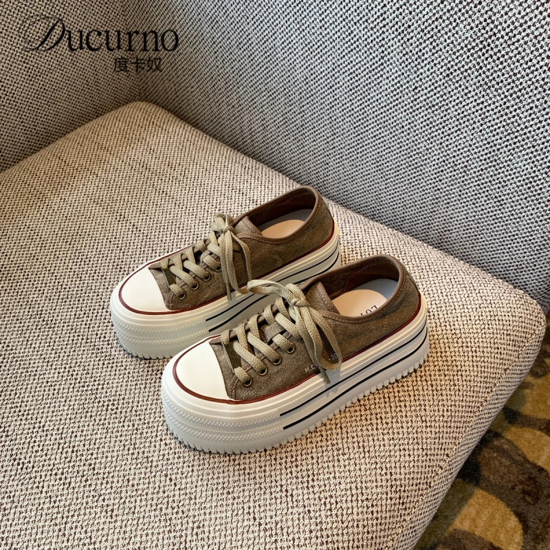 度卡奴厚底帆布鞋夏季女复古低帮百搭系带小众设计感休闲板鞋