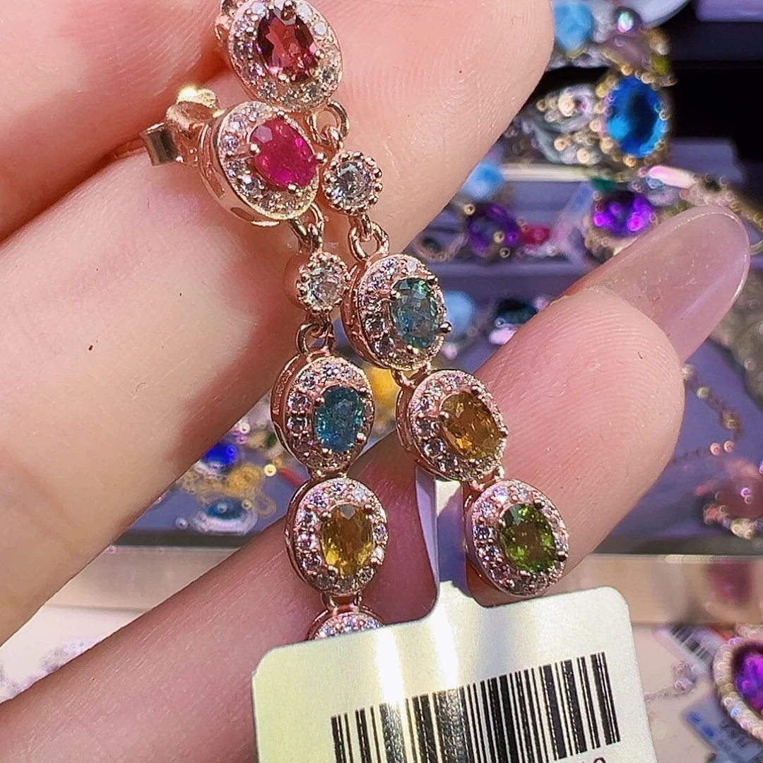 碧玺耳钉银S925镶嵌碧玺