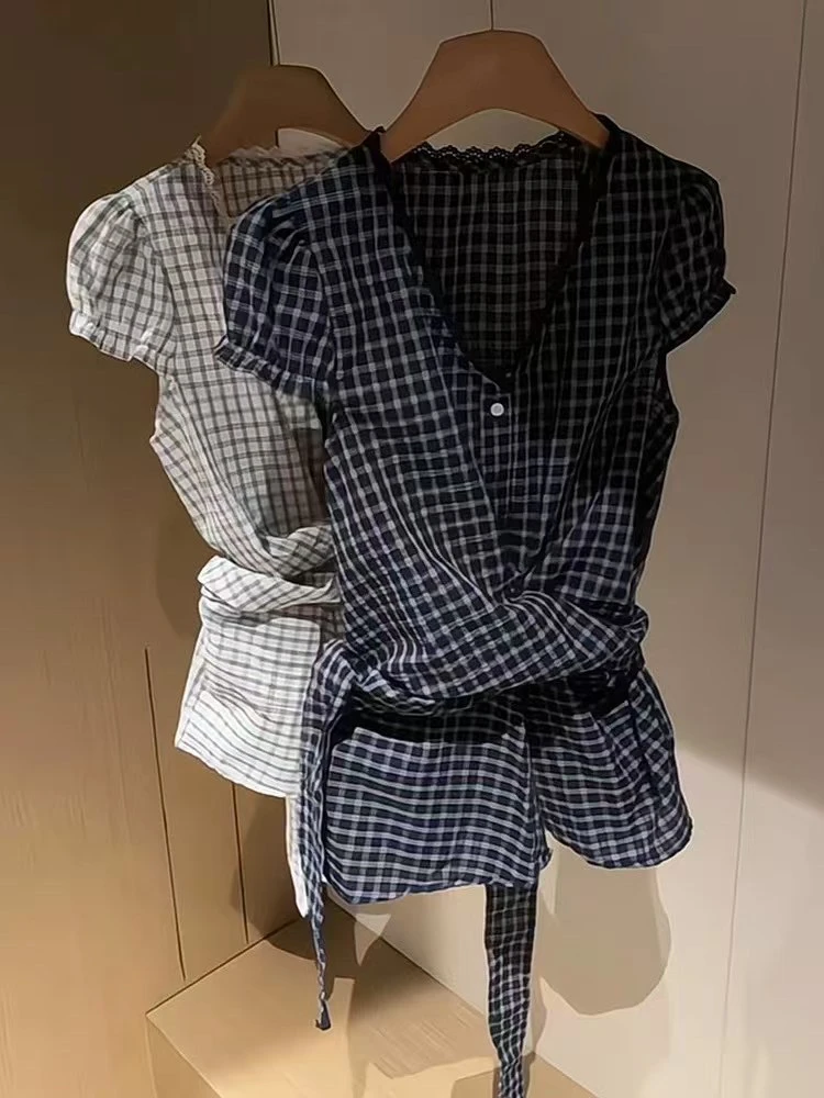 怡尔家大码显瘦格纹夏季收腰短袖宽松衬衫系带女装格子时尚