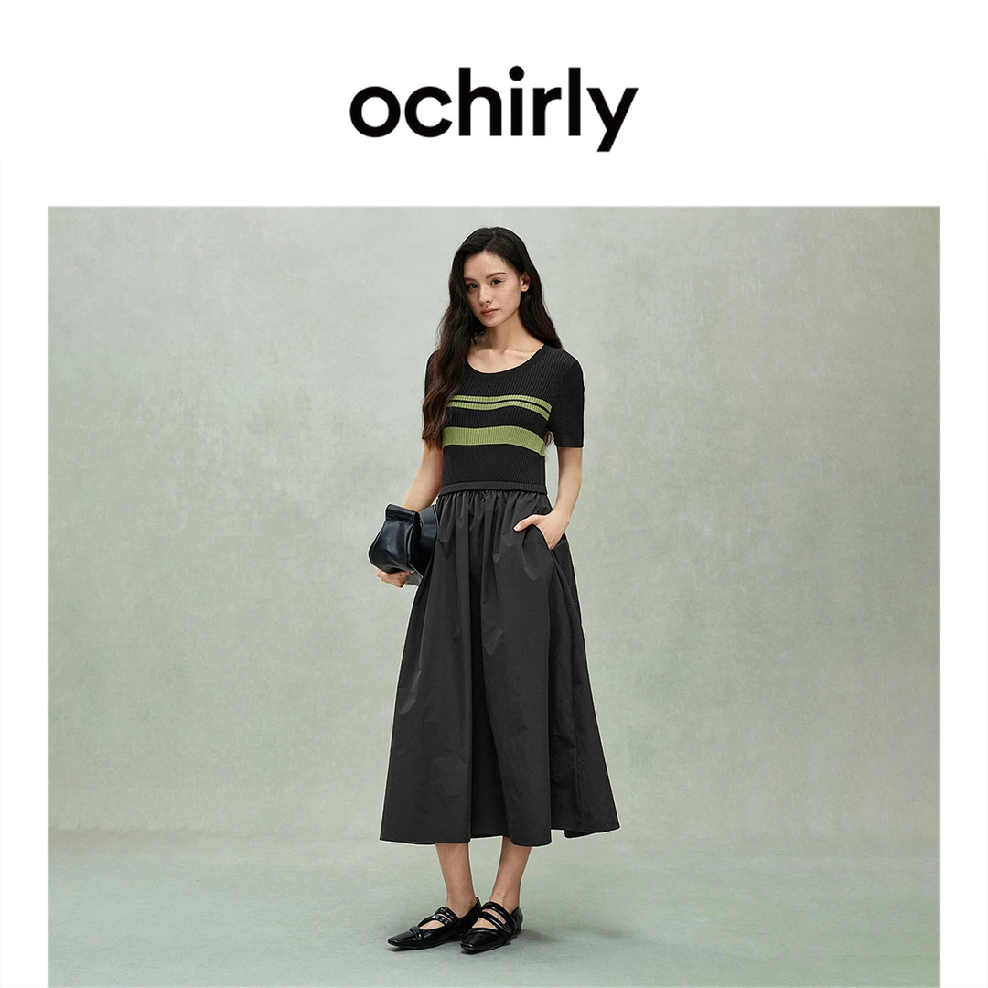 OCHIRLY欧时力 条纹羊毛毛织连衣裙大摆伞裙航海系度假裙2025夏新