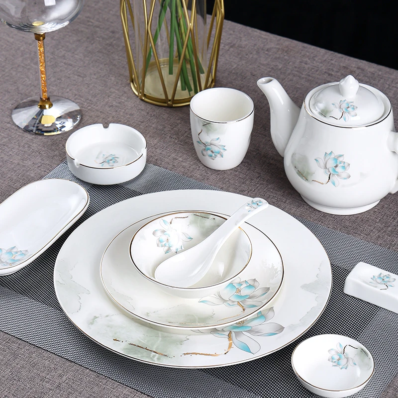 中式酒店摆台餐具套装餐厅金边金荷花会所饭店包厢陶瓷碗蝶盘套装