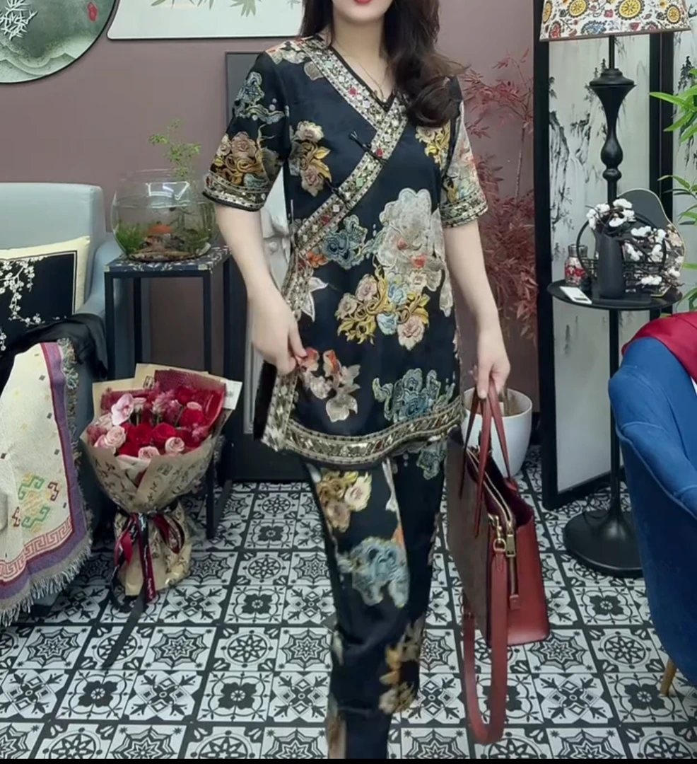 新中式时尚套装女夏季新款洋气中国风印花盘扣短袖上衣短裤两件套