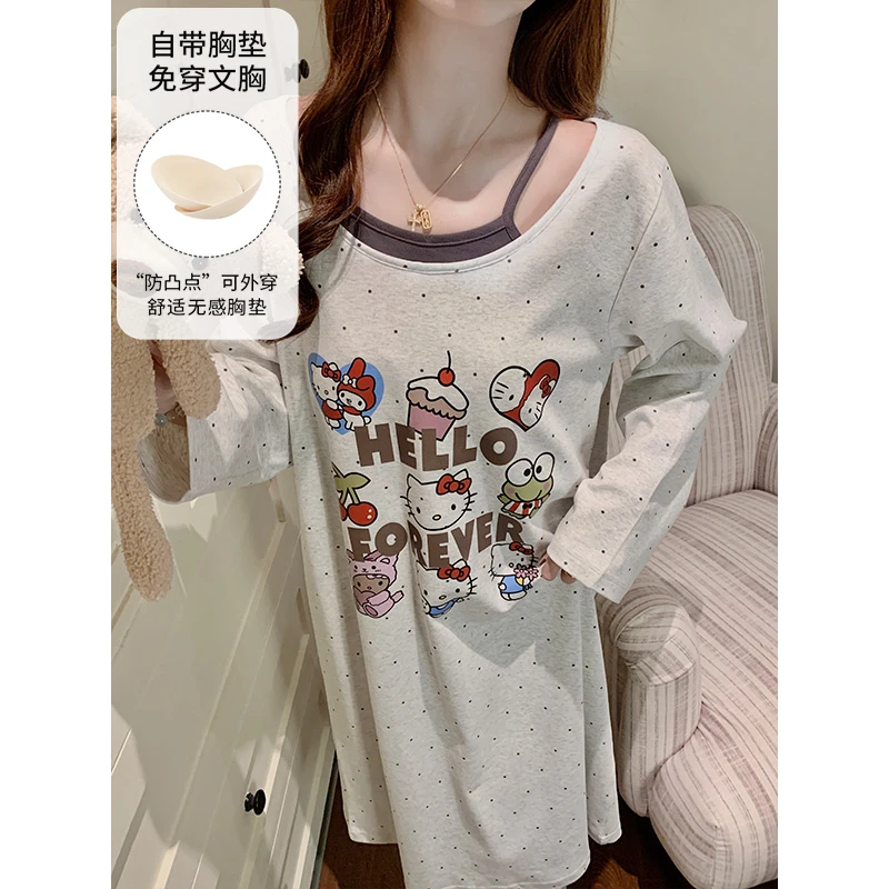 秋季新款睡衣女拉架仿棉套头长袖睡裙固定胸垫公主风甜美家居服
