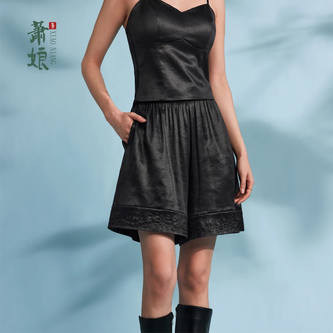 萧娘【江酒】弹力缎香云纱工艺休闲裤薄款桑蚕丝中式中国风短裤1659