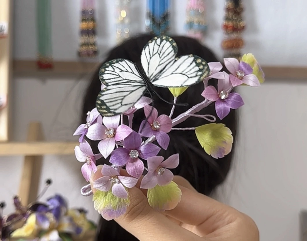 霁月绒花  紫绣球绒花非遗手作国风汉服