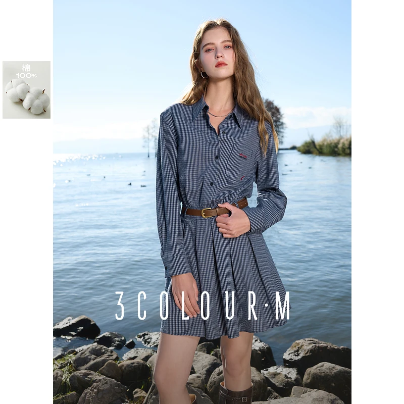 【三彩仙女裙】【100棉】2025夏季新款长袖格纹百褶短连衣裙女M