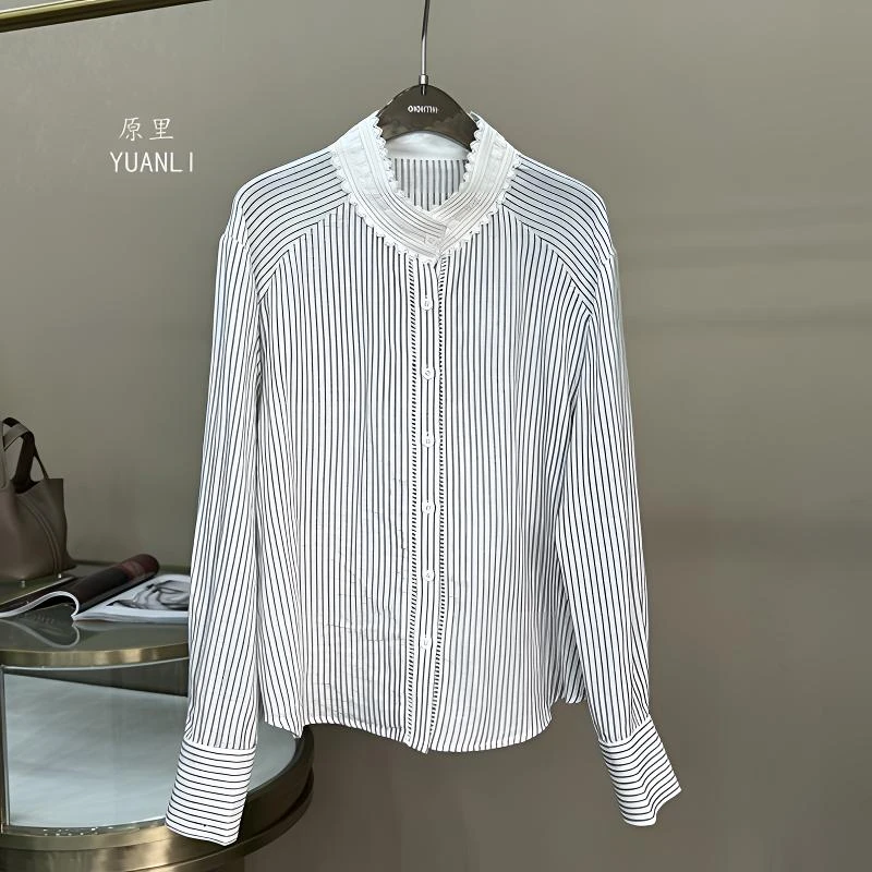 原里（清浅时光）春季时尚轻奢长袖条纹女衬衫减龄百搭蕾丝领女衬衣