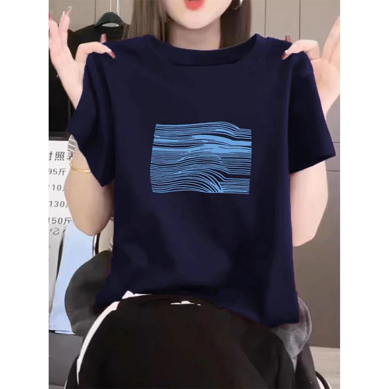 韩货潮流正肩圆领短袖t恤女潮流夏季小众直筒版型休闲显瘦藏青色