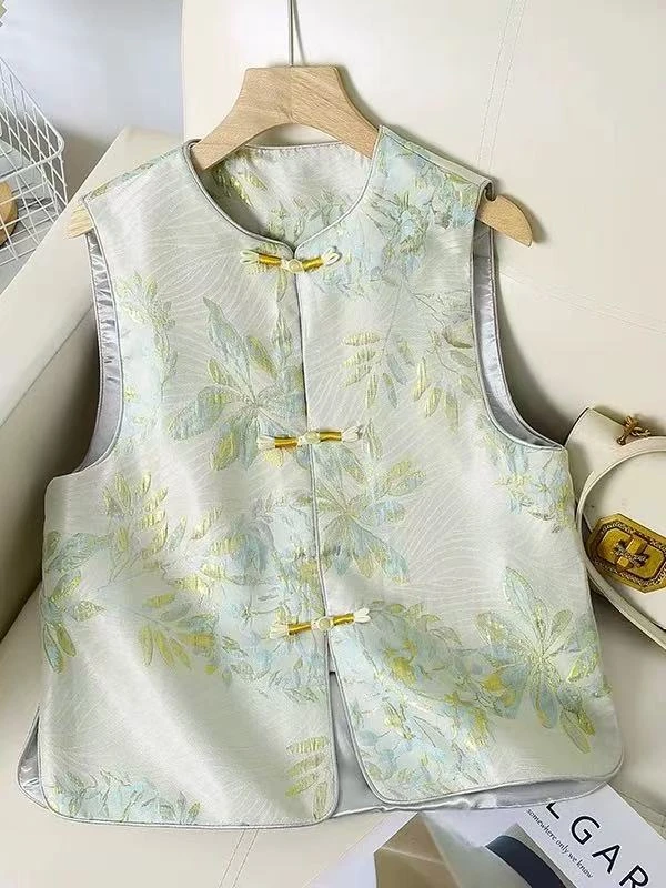 {蒲公英}新中式织锦缎织绣文艺金丝提花上衣女春秋新款气质马夹