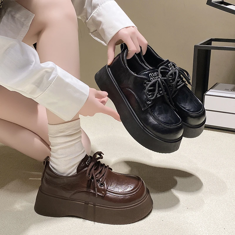 厚底增高黑色乐福鞋女2025春季新款英伦风超火百搭小皮鞋系带单鞋