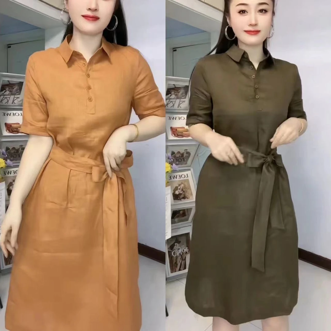 夏季收腰百搭休闲韩版亚麻面料连衣裙【有褶皱】