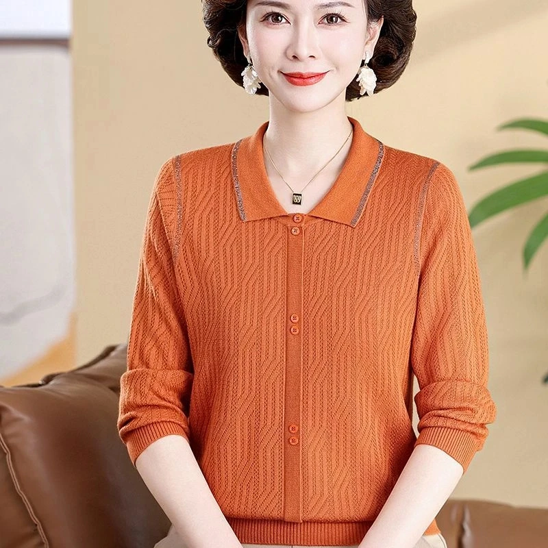 妈妈春秋新款薄款打底衫中年女士洋气宽松套头针织翻领九分袖T恤