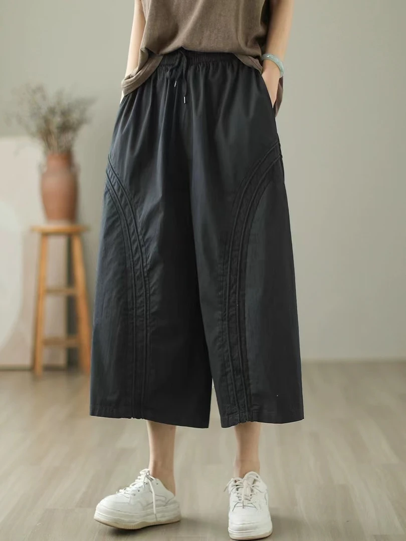 文艺复古棉麻斜纹休闲裤女设计宽松简约松紧腰纯色九分裤系带裙裤