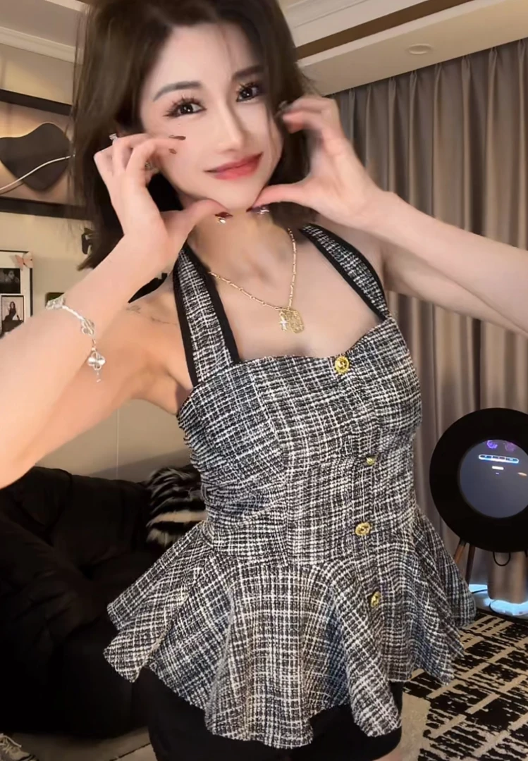 小香风编织挂脖吊带背心收腰内搭无袖甜酷辣妹性感外穿上衣