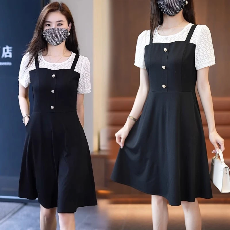 假两件连衣裙夏装女2025新款女装小个子显高气质蕾丝短袖小黑裙夏