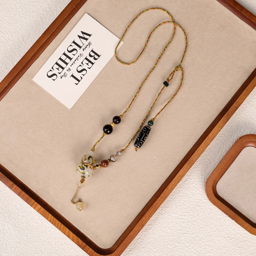 黄铜棉绳项链 LZ3911九眼藏式桶珠白料凤尾葫芦绳编项链