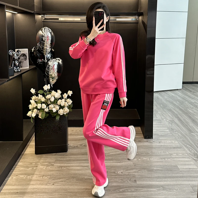 玫粉色休闲运动套装女2025新款潮牌炸街卫衣阔腿裤秋装搭配一整套