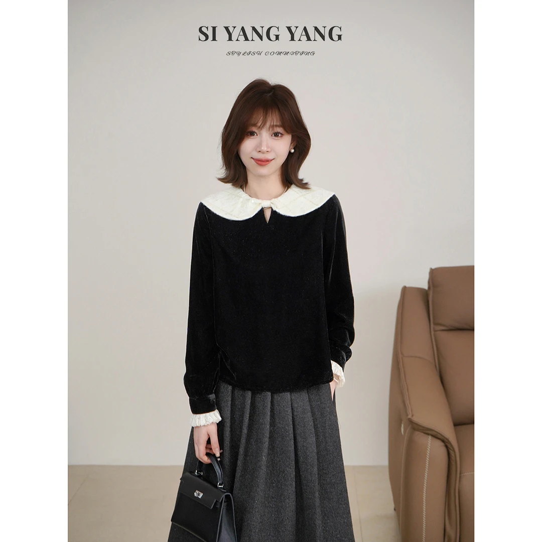斯洋洋SIYANG冬季女装亲肤通勤撞色娃娃领丝绒上衣SY511A054SYY