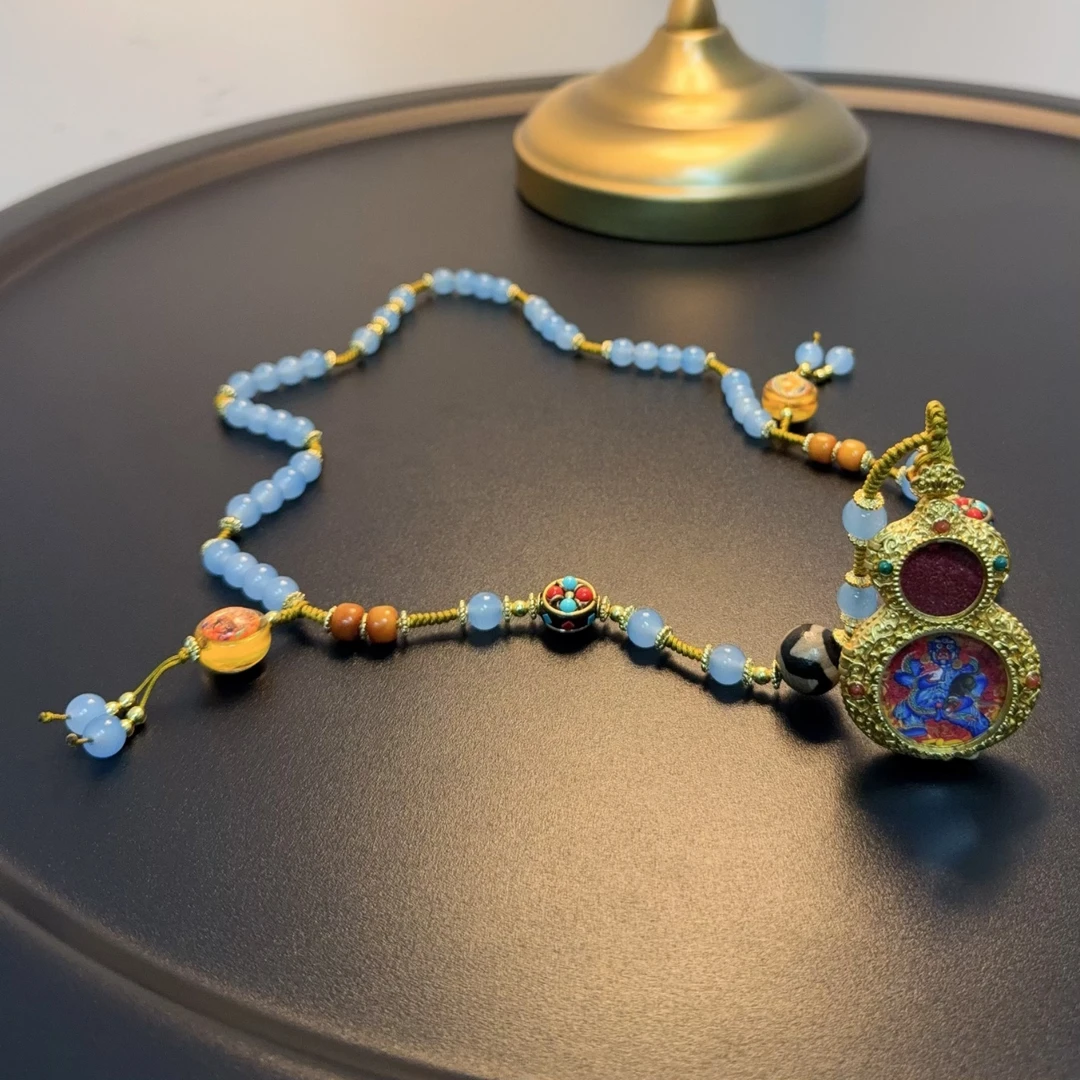 合金玻璃项链 海蓝色珠串财神毛衣链新中式长项链NEGlc 0673