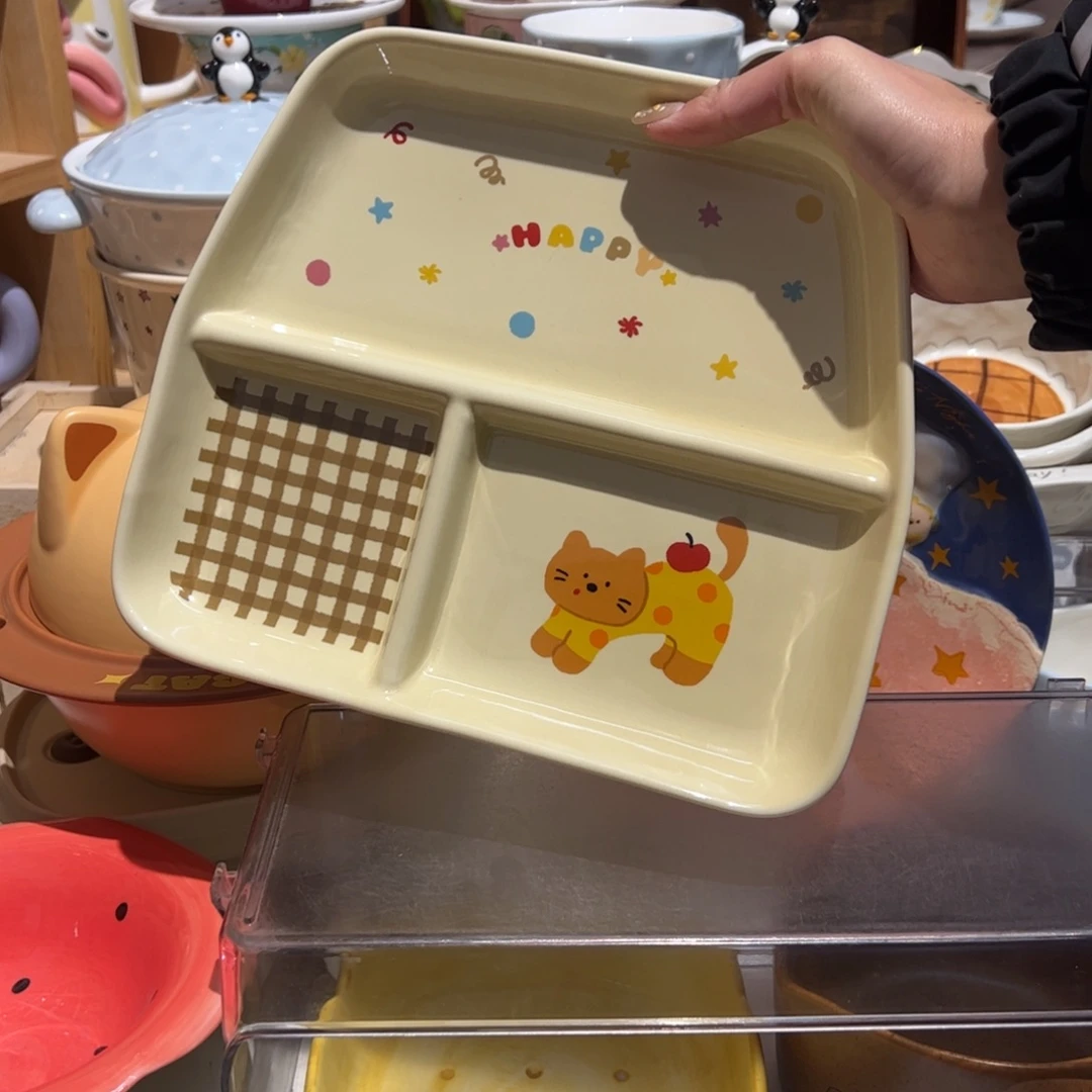 小猫三格分餐盘可爱