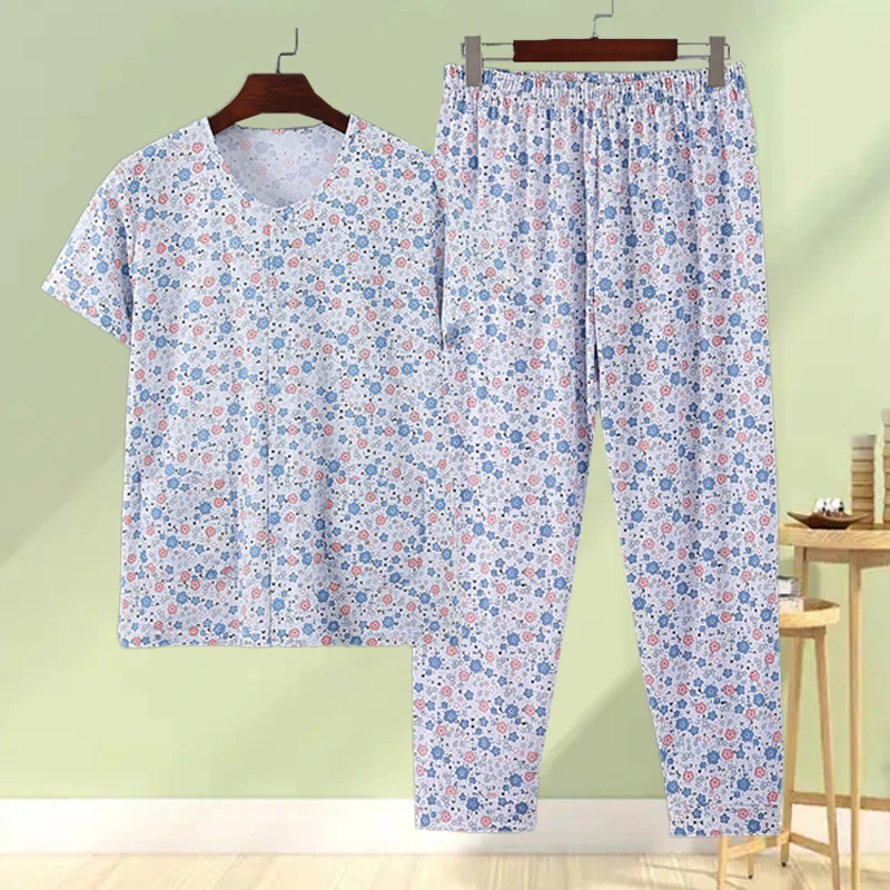 中老年纯棉妈妈睡衣细节薄款半袖长裤套装全棉大码宽松老年人开衫