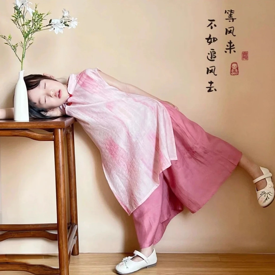 女童夏季2025新款中国风旗袍裙儿童新中式复古连衣裙阔腿裙裤套装