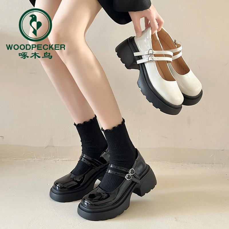 啄木鸟厚底玛丽珍鞋女2025春秋季新款粗高跟女鞋百搭英伦风小皮鞋