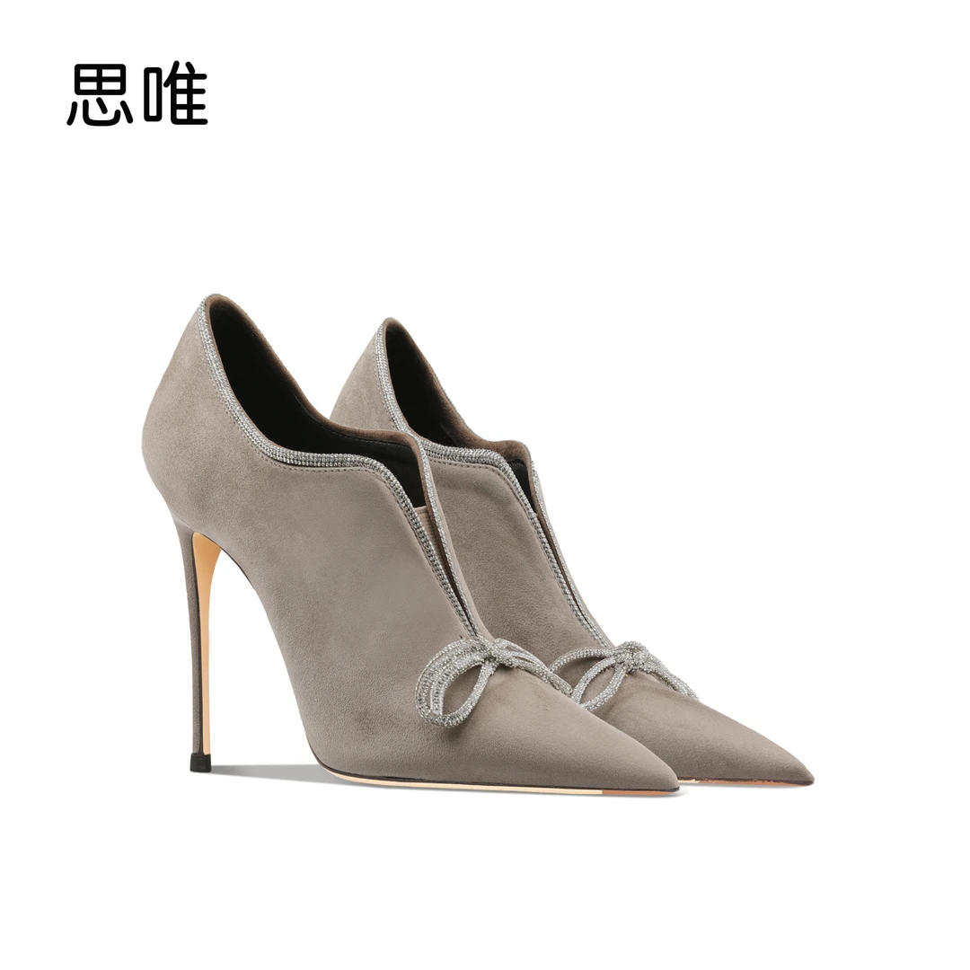 卡其色绒面短靴2024年秋冬新款尖头细跟通勤舒适时装靴百搭高跟靴