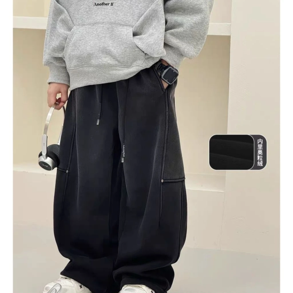 男童加绒直筒裤子冬装新款韩版中大童加厚棉裤保暖长裤儿童运动裤