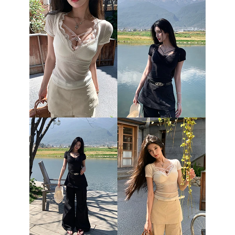 Barb Chill【甜酷主张】 性感辣妹拼接花边坑条修身针织T恤