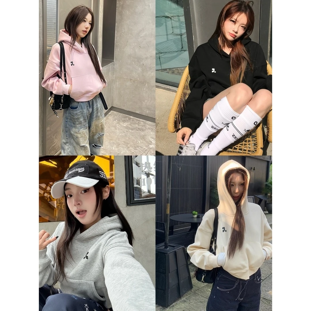 韩版奥粒绒加厚短款连帽卫衣女秋冬新款宽松时尚百搭休闲上衣女