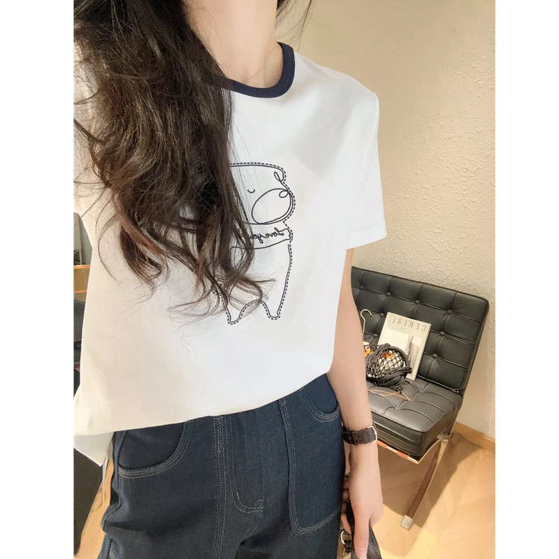 超可爱！卡皮巴拉刺绣T恤 有机荃棉拼色圆领宽松短袖上衣女春夏