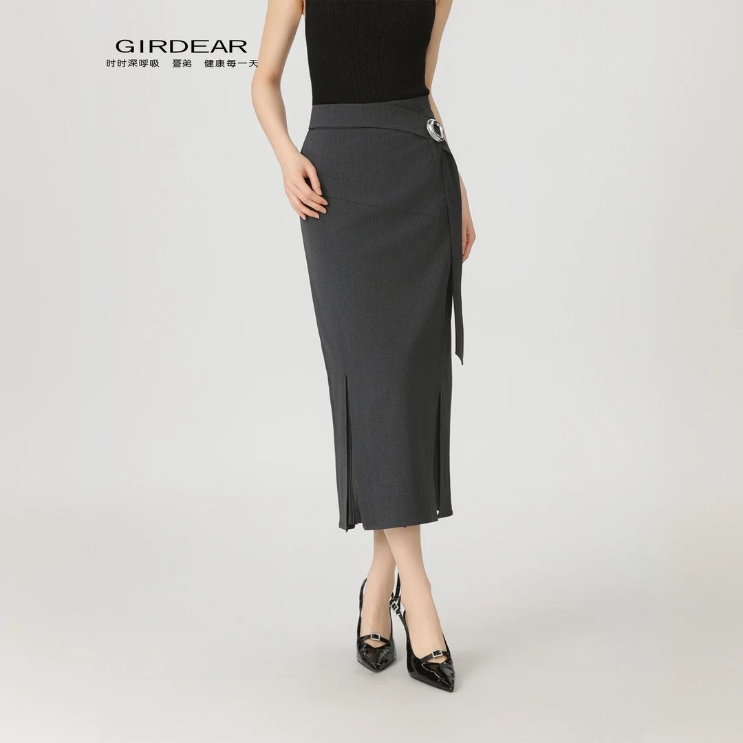哥弟女装新款通勤修身气质感高腰开叉灰色直筒中长款半身裙120032