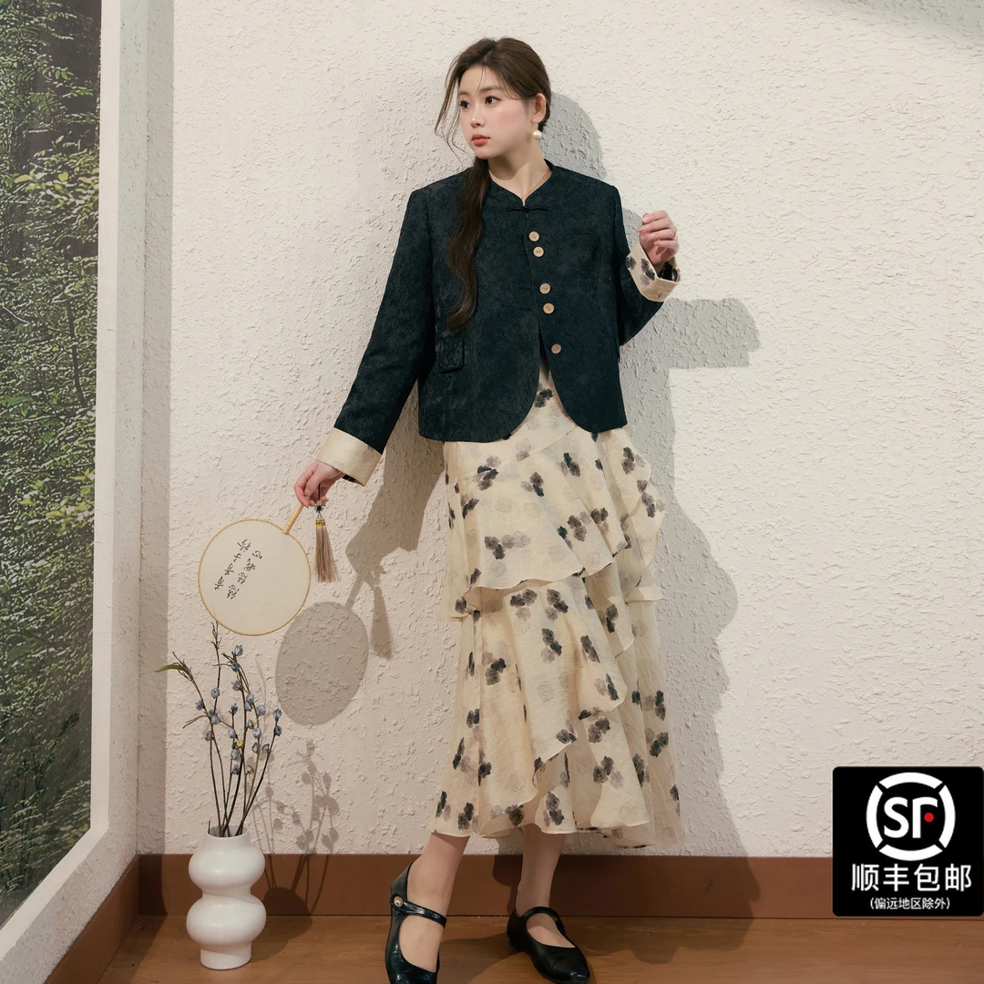 蓝语大码女装新中式气质外套飘逸层次印花半身裙秋季国风显瘦套装