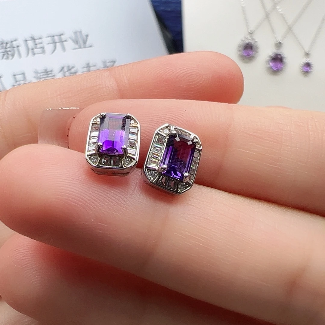 耳饰银S925镶嵌紫晶
