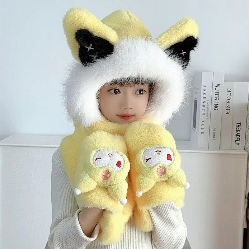 儿童帽子围巾手套三件一体防风卡通风毛绒加厚护耳保暖秋冬季帽子
