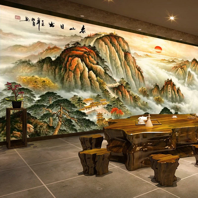 泰山日出中式客厅背景墙壁纸办公室五岳独尊国画墙布饭店酒店装饰