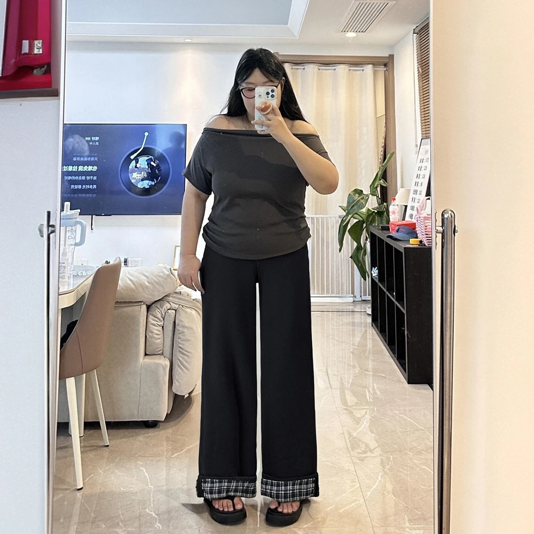 大码女装复古格子翻边设计感阔腿牛仔裤女胖mm显瘦高腰直筒裤子潮