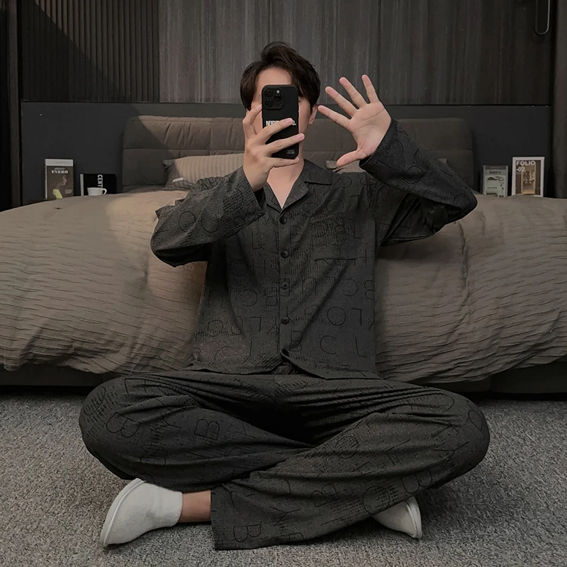 2025新款字母男士睡衣春秋季休闲长袖长裤锁温棉家居服秋冬款套装