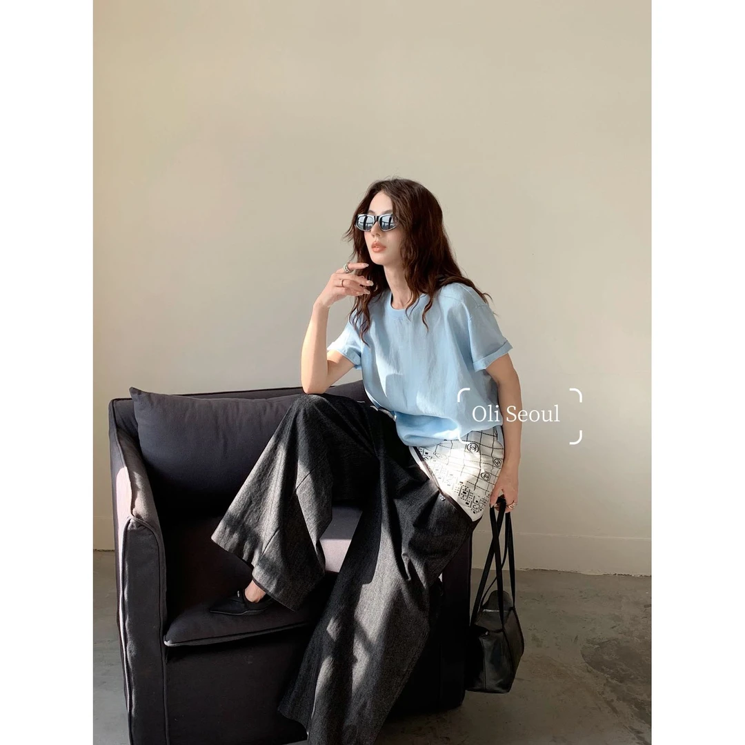 2025新款女宽松型圆领纯色老钱风短袖棉麻T恤