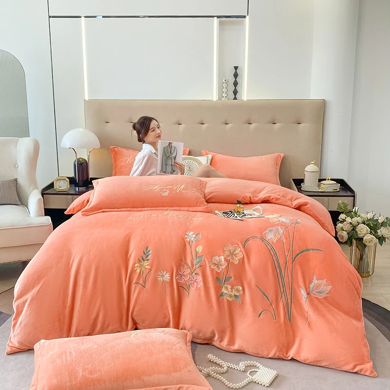 加厚刺绣牛奶绒四件套柔软轻奢绣花