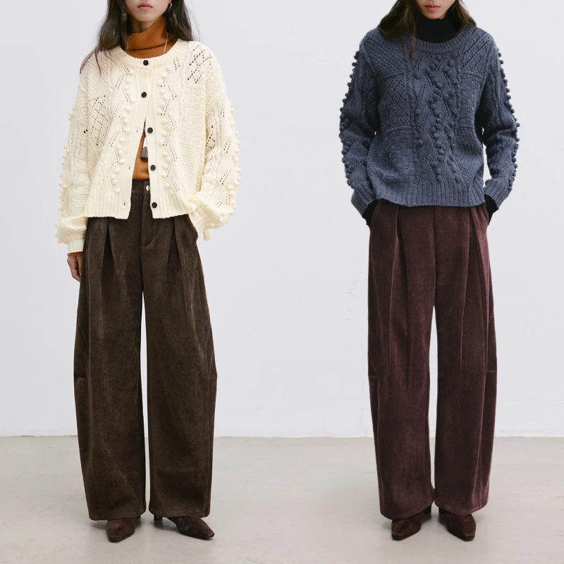 【冬上新】复合绒底雪尼尔天丝内工字褶弯刀休闲裤秋冬保暖-H324