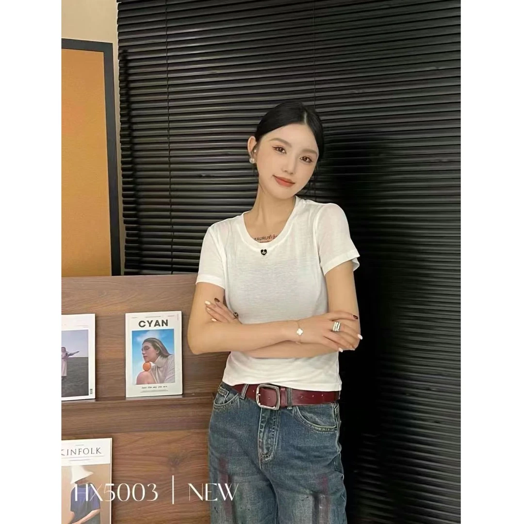 KIKI严选：28843-YS家欧洲站南油秋季新款爱心扣装饰短袖T恤