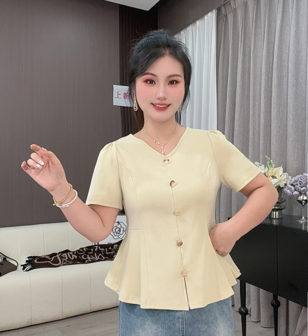 时尚夏季2025新款法式洋气V领短袖设计感百搭显瘦上衣大码女装