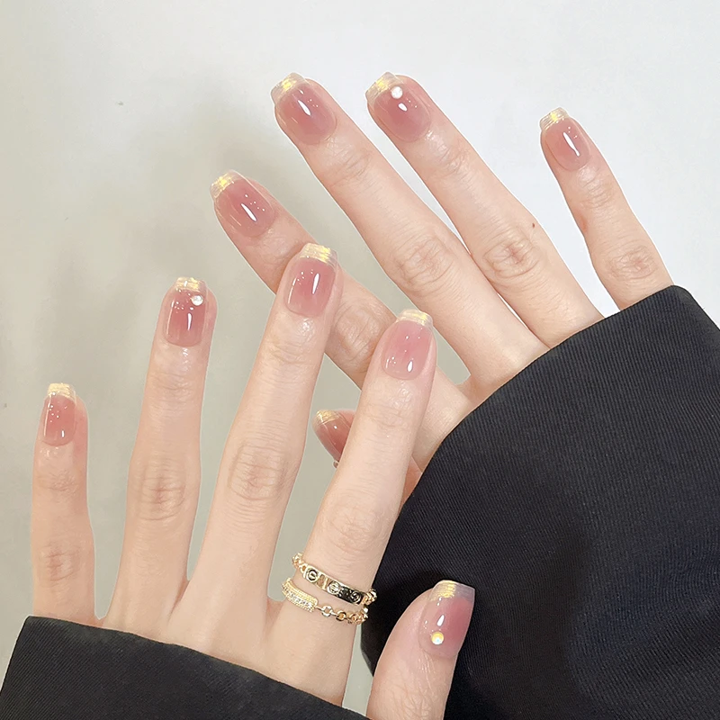 米哩米手工穿戴美甲贴片冰透晕染腮红高颜值短款褶皱法式缂丝冰茶